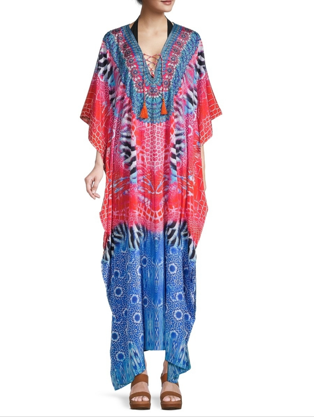 La Moda, one size,Vibrant Multicolor Boho Tassel Caftan